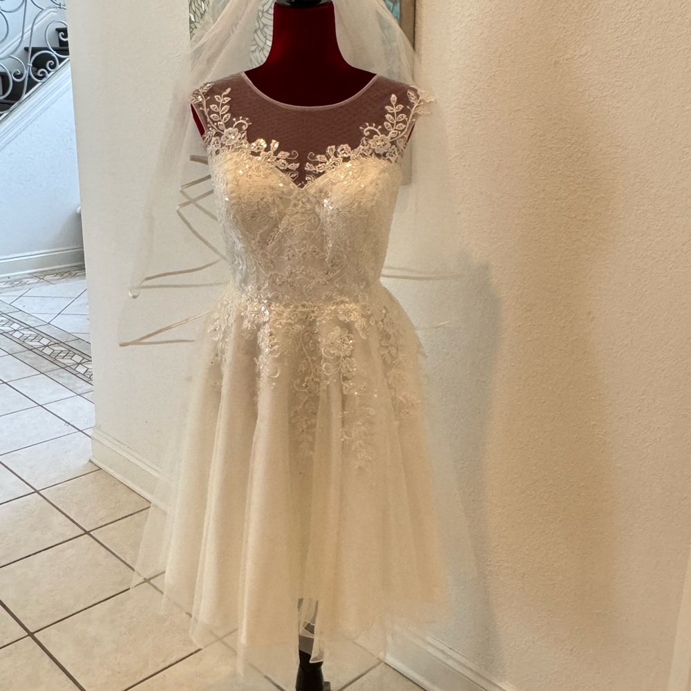 JJ’s House A-line Illusion Tulle Lace Short Wedding Dress with Two Tier 31” Veil - Picture 4 of 16